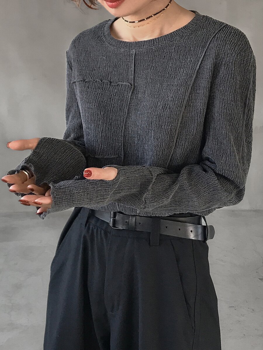 FRIFUL Women's Round Neck Loose Fit Wavy Trim Detail Solid Color Long Sleeve Casual Street Minimalist T-Shirt Everyday Daytime Dark Grey Autumn - White - View 1