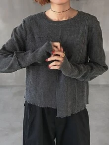 FRIFUL Women's Round Neck Loose Fit Wavy Trim Detail Solid Color Long Sleeve Casual Street Minimalist T-Shirt Everyday Daytime Dark Grey Autumn - White - View 5