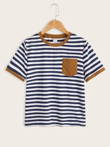 Tween Boy Pocket Patched Striped Trim T-Shirt, Casual And Simple Style Suitable For Summer Daily Wear - Blue and White - View 1
