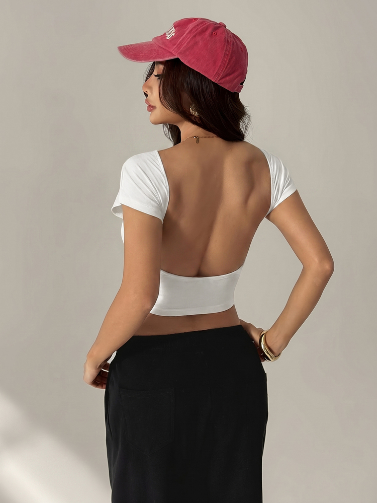 SHEIN PETITE Women's Casual Solid Color Backless Cropped T-Shirt, Summer,Summer Top ,Petite Women - White - View 1