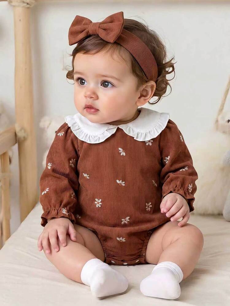 SHEIN Baby Girl Bodysuit Cute Sweet Brown Floral Embroidered Ruffle Collar Corduroy Long Sleeve Peter Pan Collar Birthday Party Fall Holiday Cozy Outfits - Brown - View 3