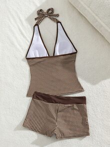 SHEIN Swim 女款性感歐美風音樂節派對大膽前衛戶外夏季海灘極簡休閒度假百搭豹紋拼接飾邊數位印花掛脖比基尼上衣搭配修身低腰褲兩件式坦克比基尼套裝顯瘦海灘泳衣，適用春假、秋季返校、啤酒節、音樂節、假期、春季促銷、海灘度假穿搭、派對泳裝、情人節、新年、返校嘉年華、母親節、國際婦女節、家庭出遊、巴西六月節、畢業季 - 彩色 - 查看 3