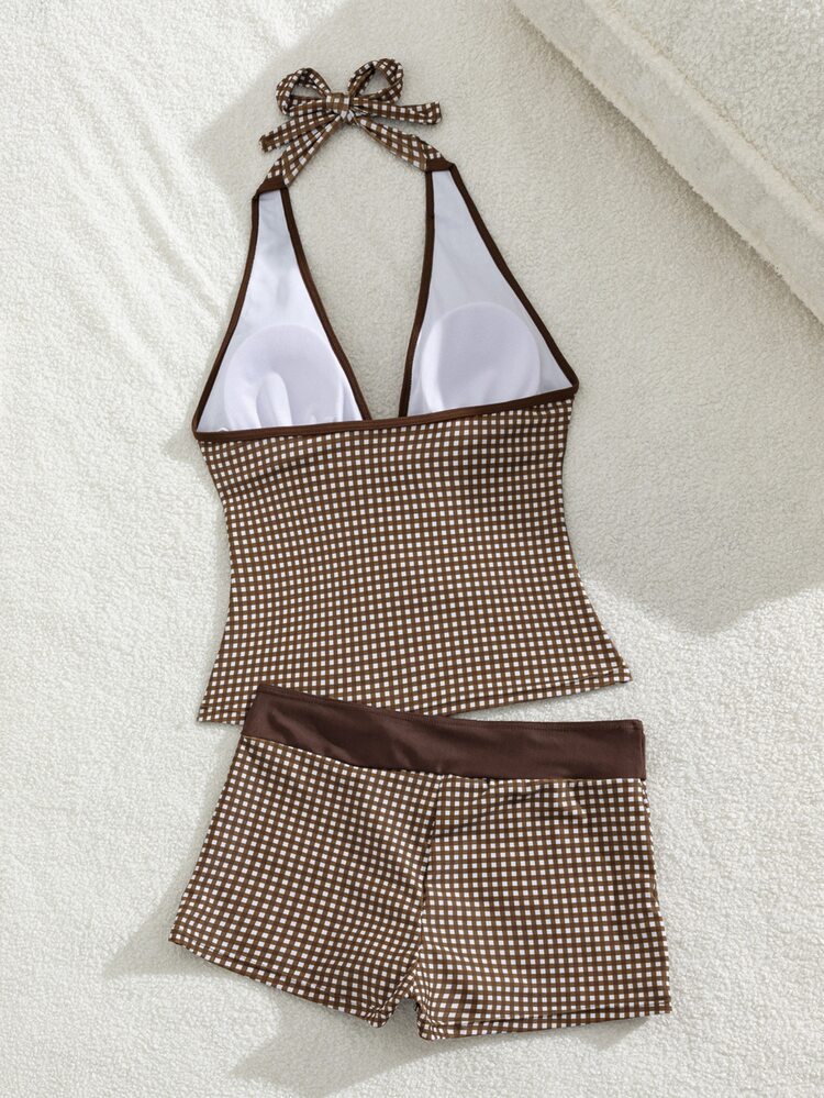 SHEIN Swim 女款性感歐美風音樂節派對大膽前衛戶外夏季海灘極簡休閒度假百搭豹紋拼接飾邊數位印花掛脖比基尼上衣搭配修身低腰褲兩件式坦克比基尼套裝顯瘦海灘泳衣，適用春假、秋季返校、啤酒節、音樂節、假期、春季促銷、海灘度假穿搭、派對泳裝、情人節、新年、返校嘉年華、母親節、國際婦女節、家庭出遊、巴西六月節、畢業季 - 彩色 - 查看 2