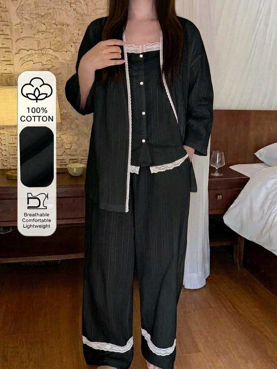 Dazy Plus 3件組度假風大尺碼女款白色波點紋理布料睡衣套裝,春夏款 - 黑色 - 查看 1