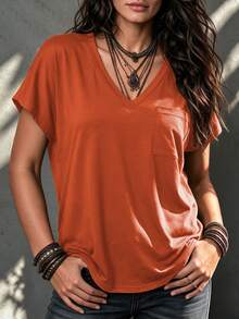 Vionelle Plus Solid Pocket Patched Batwing Sleeve Tee - Redwood - View 1