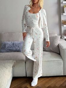 DAZY Women's Ditsy Floral Long Sleeve Top, Camisole And Long Pants Pajama Set - White - View 6