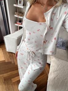 DAZY Women's Ditsy Floral Long Sleeve Top, Camisole And Long Pants Pajama Set - White - View 4
