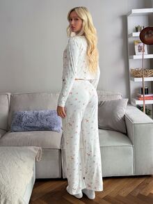DAZY Women's Ditsy Floral Long Sleeve Top, Camisole And Long Pants Pajama Set - White - View 2