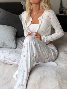 DAZY Women's Ditsy Floral Long Sleeve Top, Camisole And Long Pants Pajama Set - White - View 5