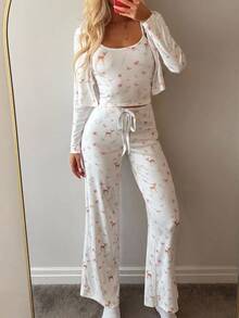 DAZY Women's Ditsy Floral Long Sleeve Top, Camisole And Long Pants Pajama Set - White - View 1