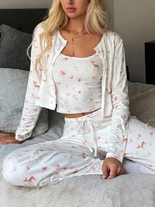 DAZY Women's Ditsy Floral Long Sleeve Top, Camisole And Long Pants Pajama Set - White - View 3