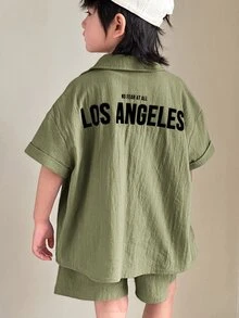 2pcs/Set Young Boys Cute Letter Print Short Sleeve Top And Shorts Set,Solid Color Summer Party Wear Outfit For Spring/Summer - Army Green - View 4
