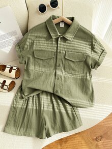 2pcs/Set Young Boys Cute Letter Print Short Sleeve Top And Shorts Set,Solid Color Summer Party Wear Outfit For Spring/Summer - Army Green - View 8
