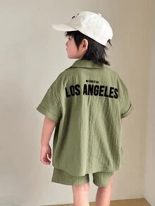 2pcs/Set Young Boys Cute Letter Print Short Sleeve Top And Shorts Set,Solid Color Summer Party Wear Outfit For Spring/Summer - Army Green - View 5