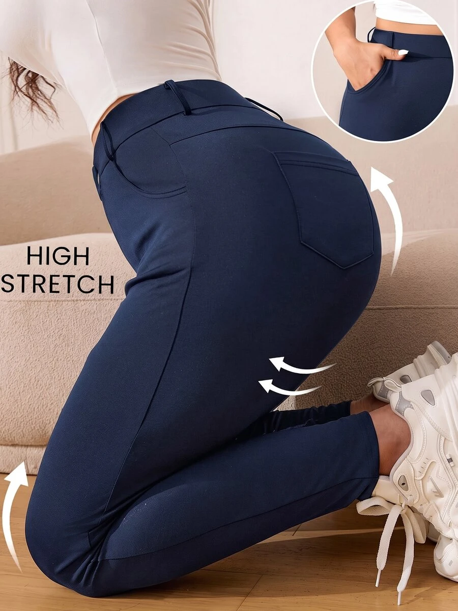 Solflare Plus Size Women's Elegant Slim Fit Long Pants, Spring/Summer Fall - Navy Blue - View 1