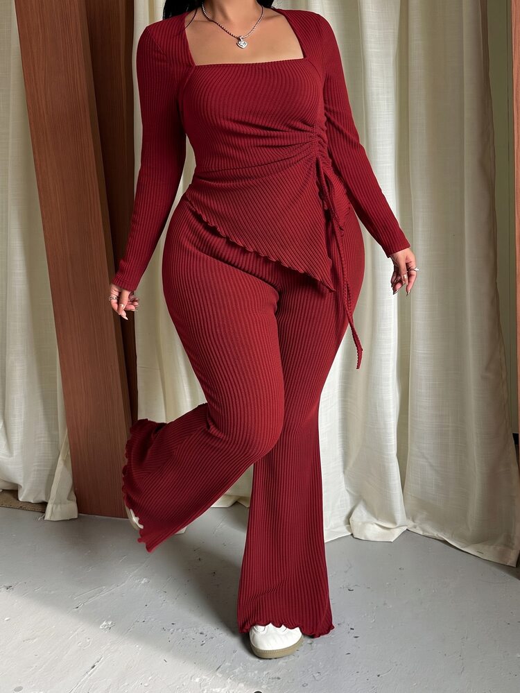 Burgundy Plus Size Women's Casual Asymmetrical Hem Tie Top And Flared Pants Set, Autumn/Winter - Burgundy - View 7