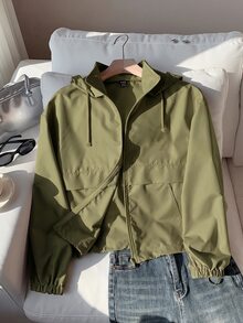 SHEIN EZwear 大尺碼軍綠色休閒拉鍊連帽長袖外套 - 軍綠色 - 查看 1