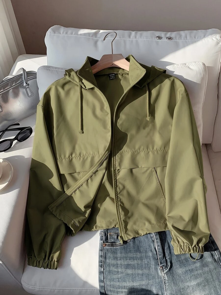 SHEIN EZwear 大尺碼軍綠色休閒拉鍊連帽長袖外套 - 軍綠色 - 查看 1