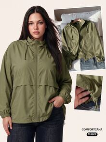 SHEIN EZwear 大尺碼軍綠色休閒拉鍊連帽長袖外套 - 軍綠色 - 查看 3
