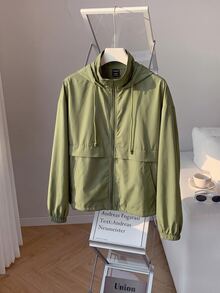 SHEIN EZwear 大尺碼軍綠色休閒拉鍊連帽長袖外套 - 軍綠色 - 查看 5