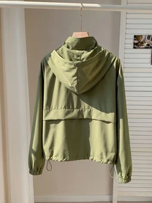 SHEIN EZwear 大尺碼軍綠色休閒拉鍊連帽長袖外套 - 軍綠色 - 查看 2