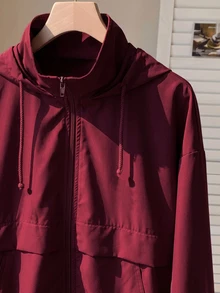 SHEIN EZwear 秋冬款酒紅色休閒大尺碼女款連帽拉鍊外套 - 酒紅色 - 查看 4