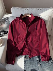 SHEIN EZwear 秋冬款酒紅色休閒大尺碼女款連帽拉鍊外套 - 酒紅色 - 查看 1