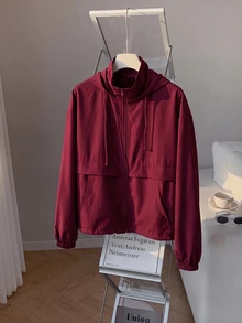 SHEIN EZwear 秋冬款酒紅色休閒大尺碼女款連帽拉鍊外套 - 酒紅色 - 查看 7