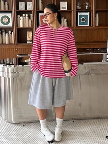 Muchica Kaos Lengan Panjang Bergaris Warna Blok Kasual Ukuran Besar, Musim Gugur/Dingin - Merah - View 6