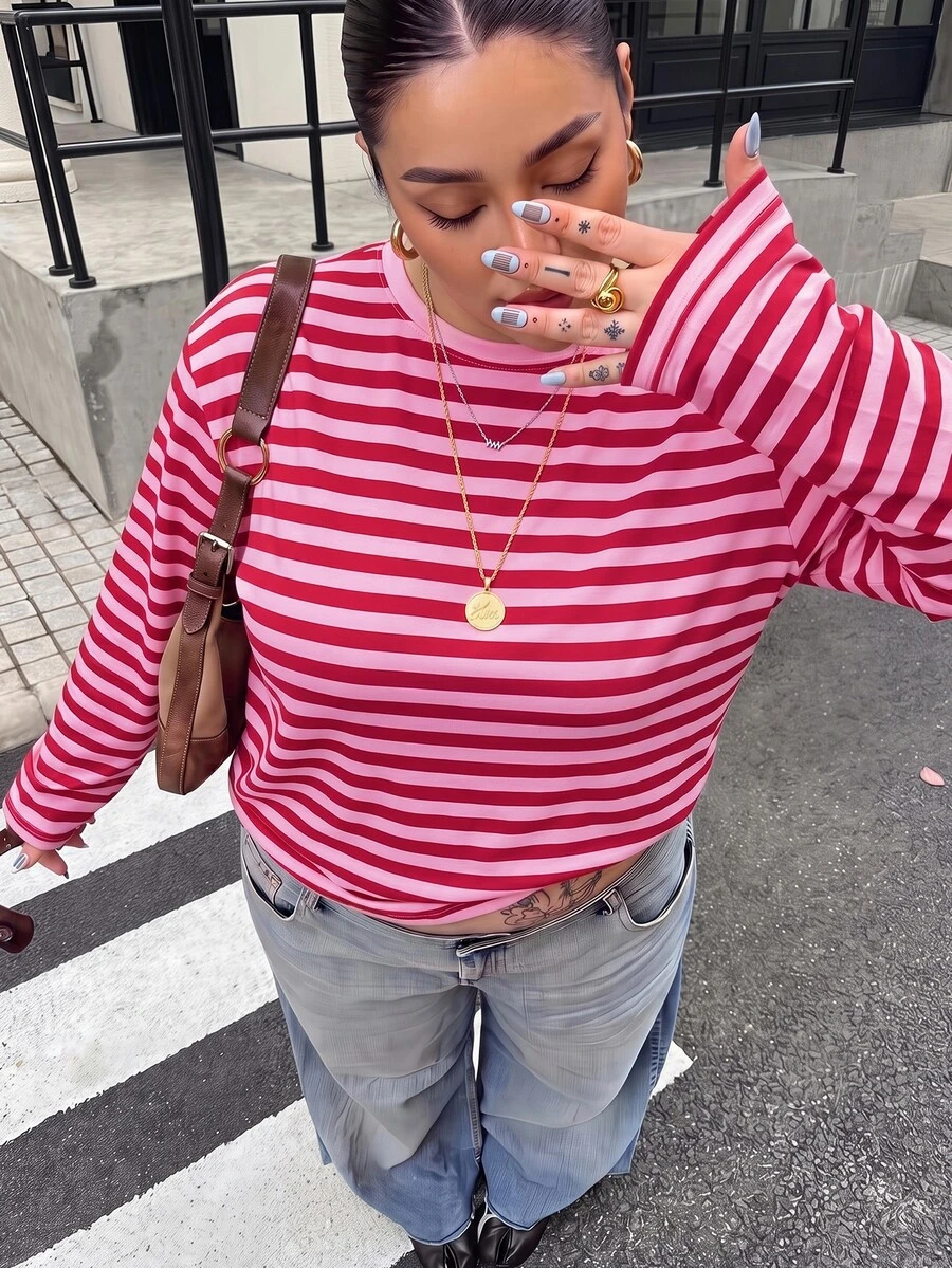 Muchica Plus Size Casual Striped Colorblock Long Sleeve T-Shirt, Autumn/Winter Fall - Red - View 1
