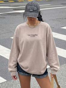 Muchica 大尺碼休閒街頭風 Anti Social 卡其色長袖運動衫，秋冬度假款 - 杏色 - 查看 4