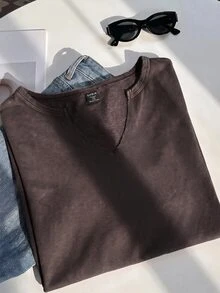 Muchica Plus Size Burgundy Spring/Summer Distressed Snowflake Acetate Chocolate Brown Loose Short Sleeve Small V-Neck T-Shirt Cotton Fabric - Coffee Brown - View 6