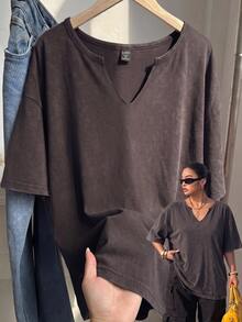 Muchica Plus Size Burgundy Spring/Summer Distressed Snowflake Acetate Chocolate Brown Loose Short Sleeve Small V-Neck T-Shirt Cotton Fabric - Coffee Brown - View 1