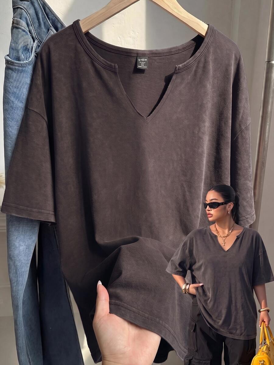 Muchica Plus Size Burgundy Spring/Summer Distressed Snowflake Acetate Chocolate Brown Loose Short Sleeve Small V-Neck T-Shirt Cotton Fabric - Coffee Brown - View 1