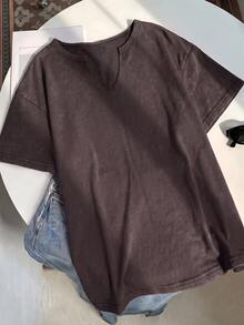 Muchica Plus Size Burgundy Spring/Summer Distressed Snowflake Acetate Chocolate Brown Loose Short Sleeve Small V-Neck T-Shirt Cotton Fabric - Coffee Brown - View 7