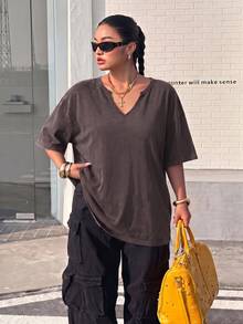 Muchica Plus Size Burgundy Spring/Summer Distressed Snowflake Acetate Chocolate Brown Loose Short Sleeve Small V-Neck T-Shirt Cotton Fabric - Coffee Brown - View 4