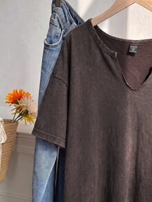 Muchica Plus Size Burgundy Spring/Summer Distressed Snowflake Acetate Chocolate Brown Loose Short Sleeve Small V-Neck T-Shirt Cotton Fabric - Coffee Brown - View 5