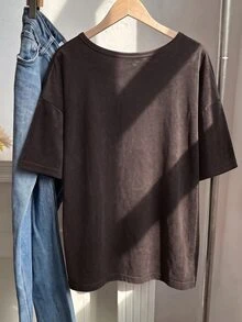 Muchica Plus Size Burgundy Spring/Summer Distressed Snowflake Acetate Chocolate Brown Loose Short Sleeve Small V-Neck T-Shirt Cotton Fabric - Coffee Brown - View 2
