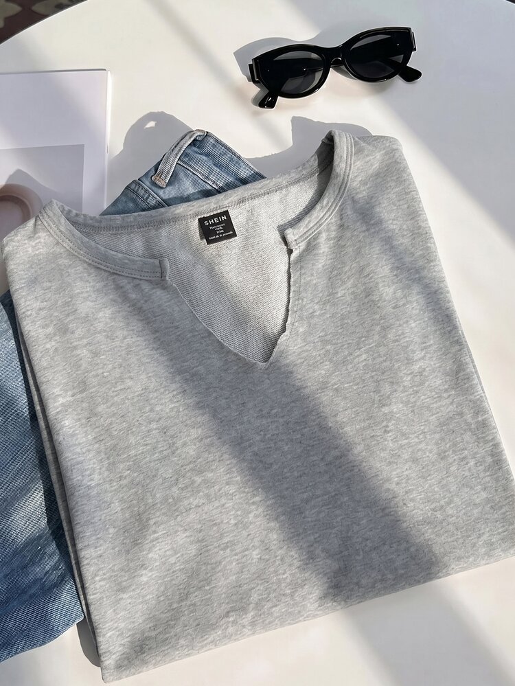 Muchica Light Gray Plus Size Clothing, Distressed Chocolate Brown Acetate Fabric, Loose Short Sleeve Small V-Neck Plus Size T-Shirt, Cotton, Spring/Summer - Light Grey - View 5