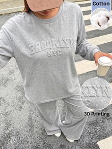 Muchica 大尺碼女款休閒寬鬆圓領3D字母印花上衣與長褲兩件套，灰色，適合秋季度假外出 - 淺灰色 - 查看 3