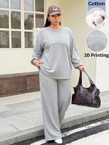 Muchica 大尺碼女款休閒寬鬆圓領3D字母印花上衣與長褲兩件套，灰色，適合秋季度假外出 - 淺灰色 - 查看 7