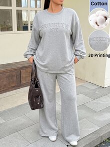 Muchica 大尺碼女款休閒寬鬆圓領3D字母印花上衣與長褲兩件套，灰色，適合秋季度假外出 - 淺灰色 - 查看 5