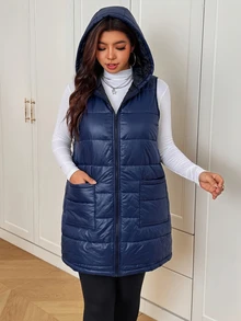 SHEIN EZwear 秋冬款連帽無袖拉鍊大尺碼加厚外套 - 藏蓝色 - 查看 10