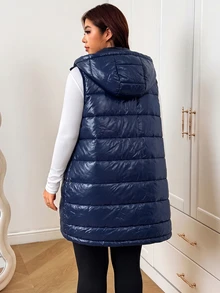 SHEIN EZwear 秋冬款連帽無袖拉鍊大尺碼加厚外套 - 藏蓝色 - 查看 2