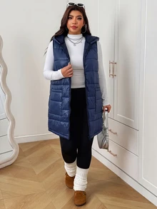 SHEIN EZwear 秋冬款連帽無袖拉鍊大尺碼加厚外套 - 藏蓝色 - 查看 9