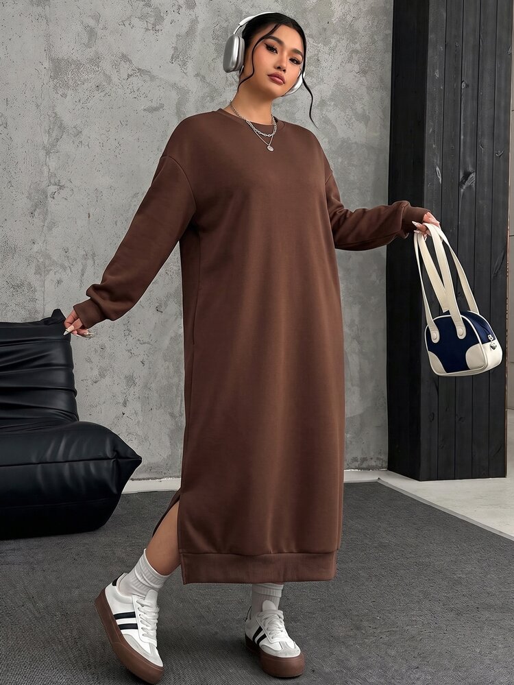 Solflare Plus Size Loose Casual Long Fleece Sweatshirt Dress, Autumn/Winter - Chocolate Brown - View 5