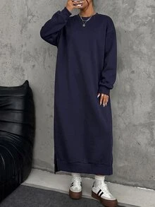 SHEIN EZwear فستان سويتشيرت طويل من الصوف الناعم فضفاض وكاجوال مقاس كبير، خريف/شتاء - أزرق بحري - مشاهدة 5