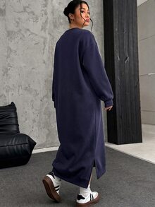 SHEIN EZwear فستان سويتشيرت طويل من الصوف الناعم فضفاض وكاجوال مقاس كبير، خريف/شتاء - أزرق بحري - مشاهدة 2