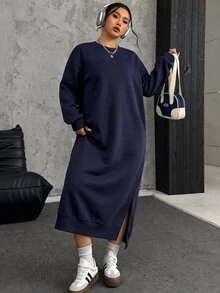 SHEIN EZwear فستان سويتشيرت طويل من الصوف الناعم فضفاض وكاجوال مقاس كبير، خريف/شتاء - أزرق بحري - مشاهدة 4