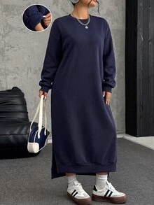 SHEIN EZwear فستان سويتشيرت طويل من الصوف الناعم فضفاض وكاجوال مقاس كبير، خريف/شتاء - أزرق بحري - مشاهدة 1